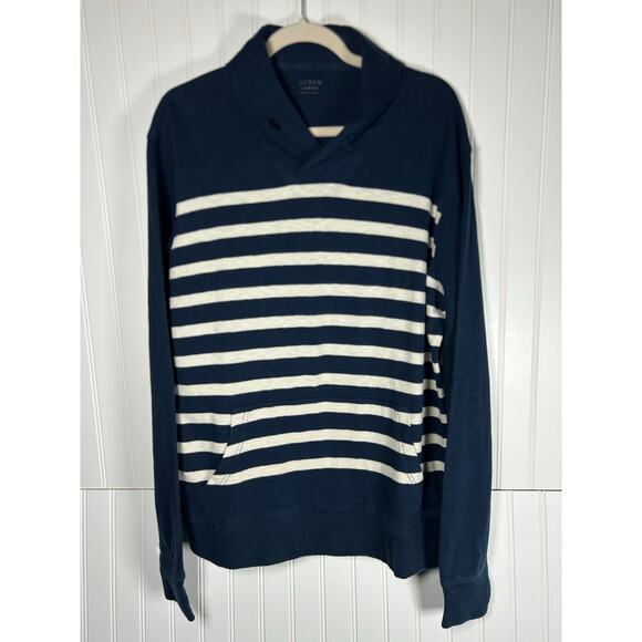 J Crew Sweater Mens Large Pullover Shawl Collar Pocket Preppy Navy Blue Striped - Picture 1 of 9